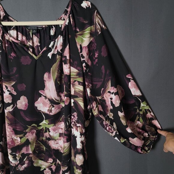 Zac & Rachel Women's Black Fairy Grunge Floral Pleated Chiffon Flowy Work Top 3X - Picture 5 of 11